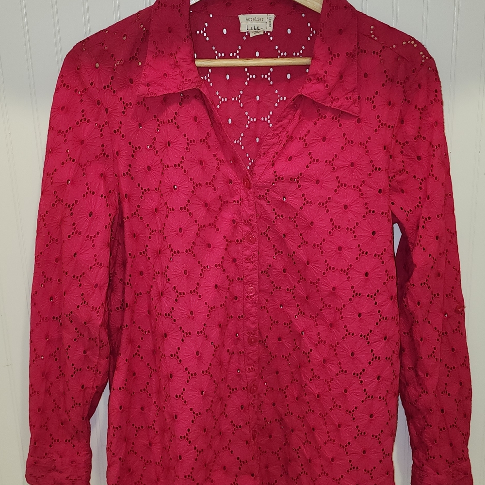 Nicole Miller Atelier Vibrant Red Eyelet Blouse